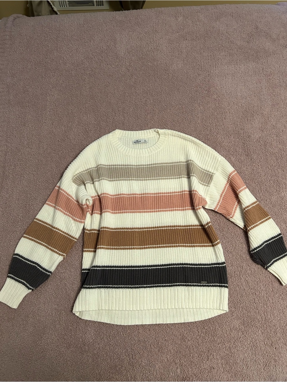 Hollister Cream Striped Crewneck Sweater with Grey, Mauve, Black & Brown